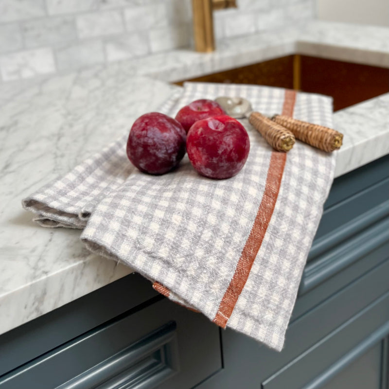Gingham Linen Tea Towel in Blue Gray & Cinnamon