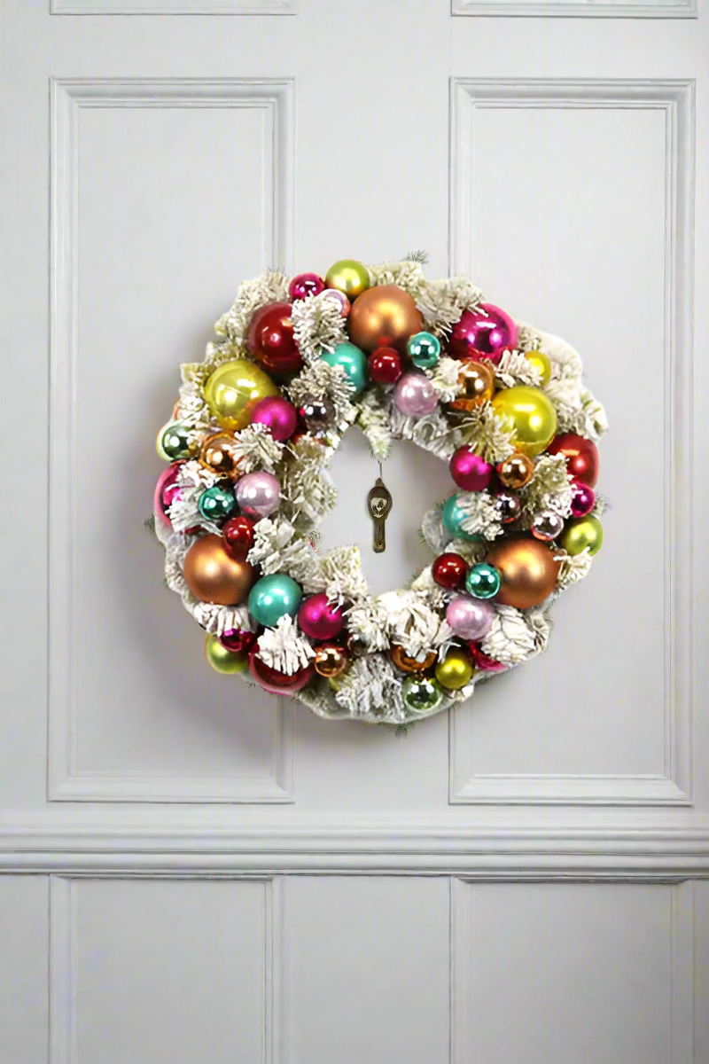 Flocked Multi Color Ball Wreath in Gold