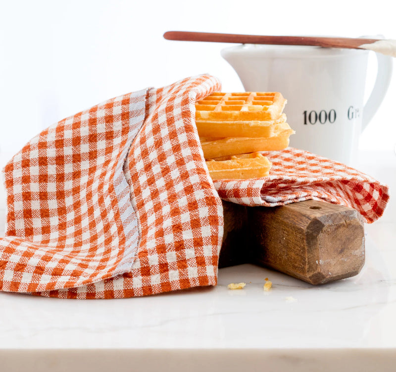 Gingham Linen Tea Towel in Cognac & Blue