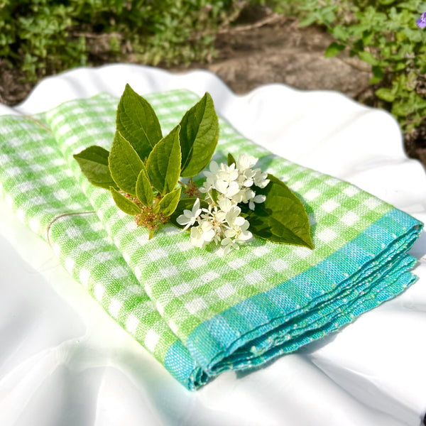 Gingham Linen Tea Towel in Apple Green & Aqua Blue by Caravan