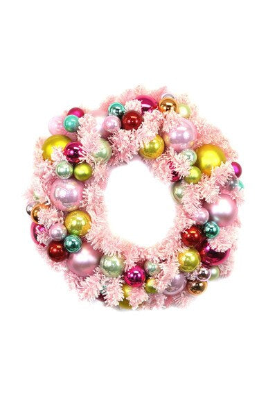 Flocked Multi Color Ball Wreath in Pink