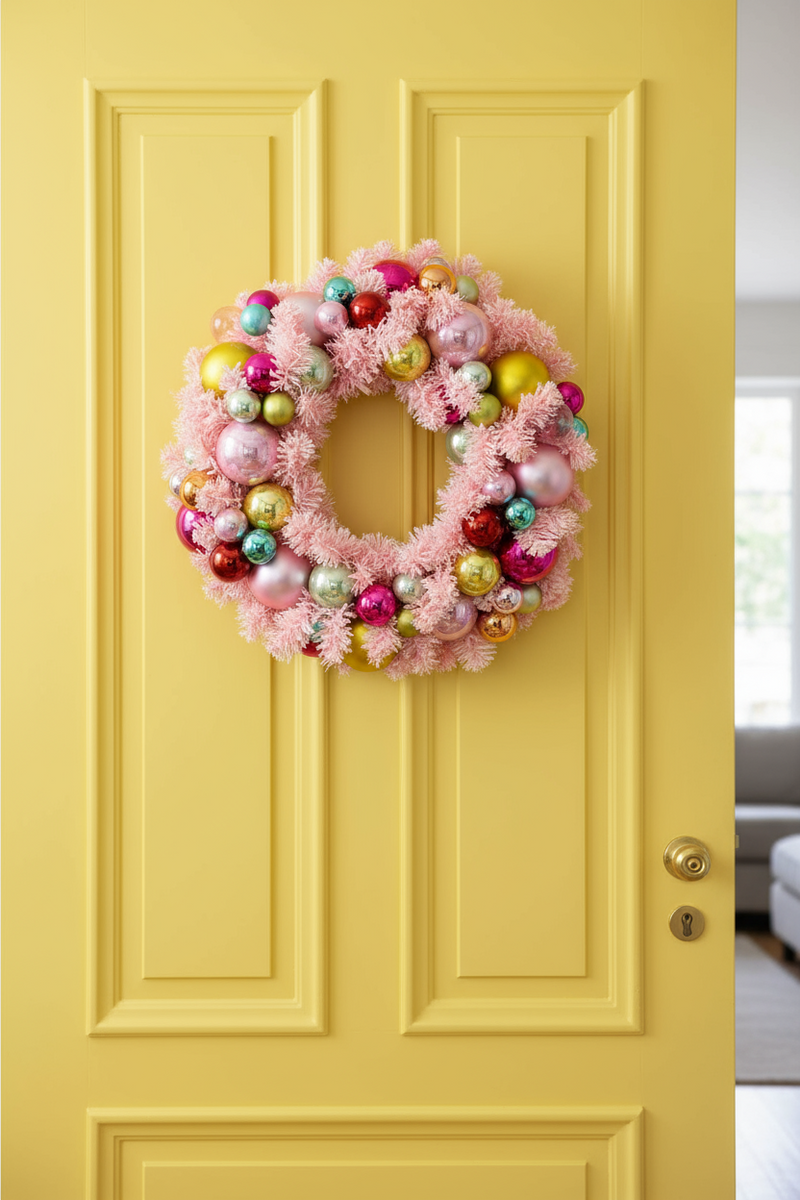 Flocked Multi Color Ball Wreath in Pink