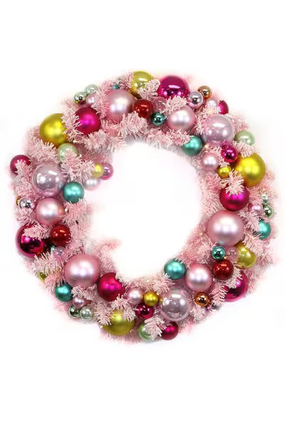 Flocked Lit Ball Wreath in Pink