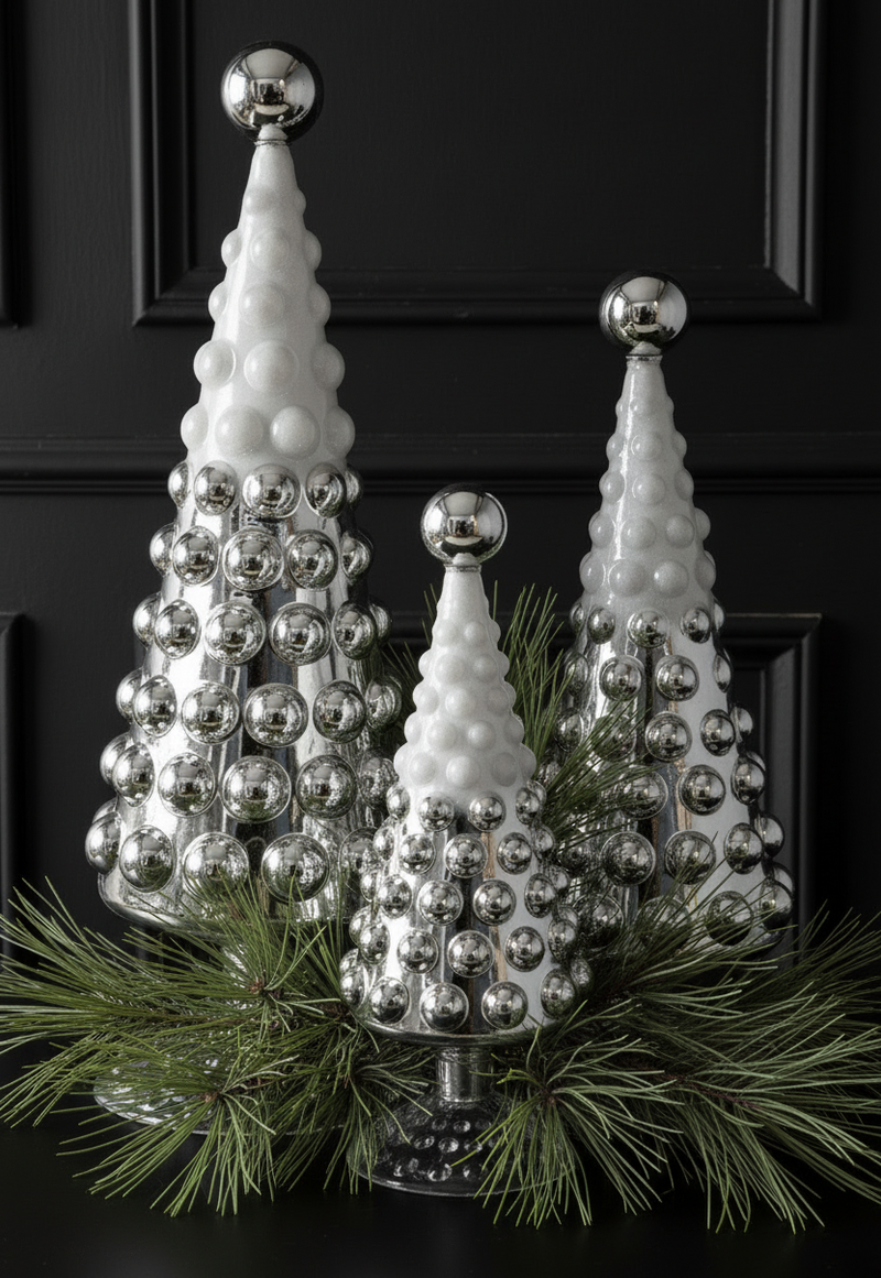 Hobnail Glass Trees in Frosted Silver Set of 3 NEW!