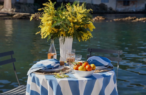 Blue and white striped tablecloth 