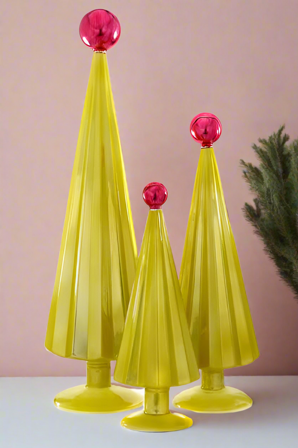 Pleated Glass Trees in Chartreuse Green Set of 3