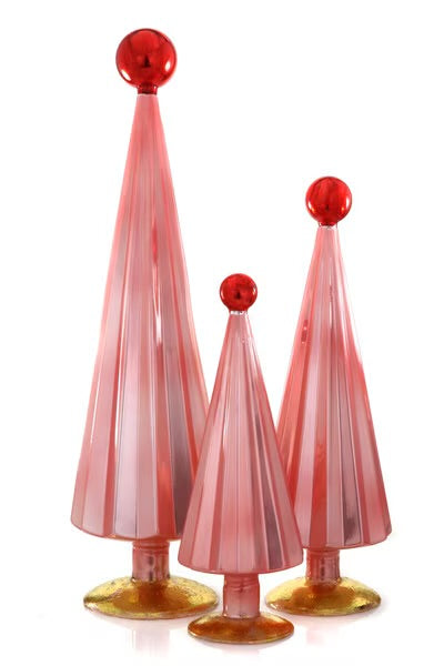 Pleated Glass Trees in Parisian Pink with Red Balls Set of 3