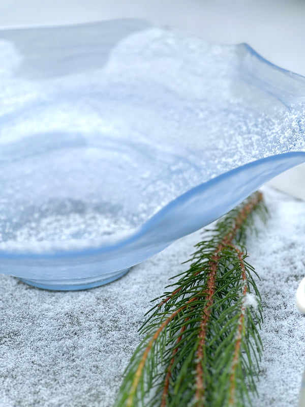 Blue and white alabaster glass wavy bowl by Beatriz Ball