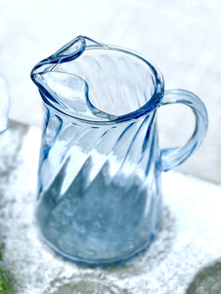 Vintage Sky Blue Swirl Ribbed Glass Pitcher with Ice Spout