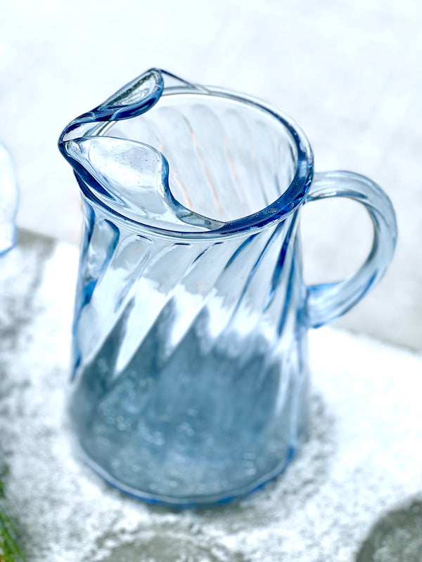 Vintage blue swirl ribbed glass pitcher 