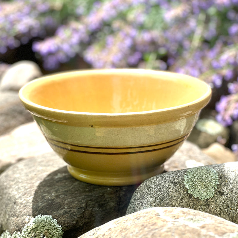 Vintage Stoneware Pottery Large Yellow Ware Primitive Striped Mixing Bowl