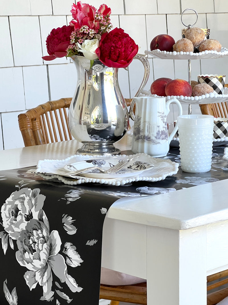 Black and White Peony Floral Paper Table Runner