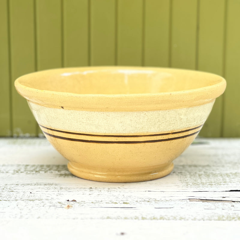 Vintage Stoneware Pottery Large Yellow Ware Primitive Striped Mixing Bowl