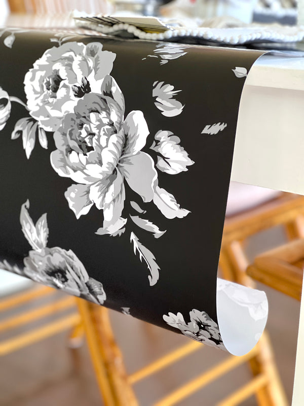 Black and White Peony Floral Paper Table Runner