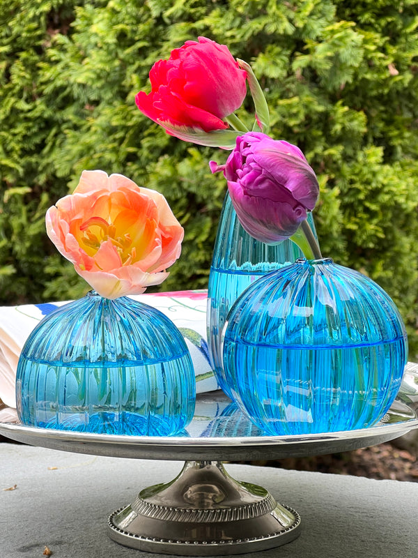 Pre Order Now! Artisan Handblown Bud Vase Trio in Mediterranean Blue