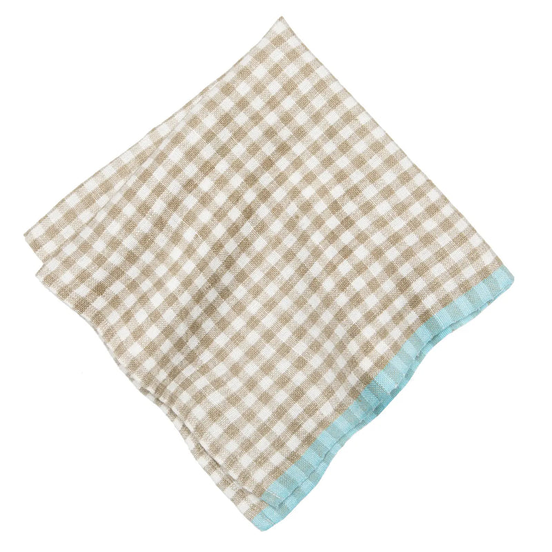 natural check with aqua trim heavy linen napkins by Caravan