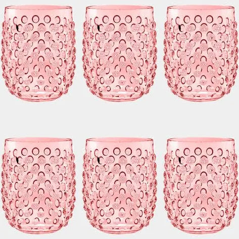 pink acrylic hobnail stemless wine glasses by Tar Hong, outdoor acrylic glasses, shatterproof premium acrylic pink hobnail wine glasses, stemless wine glasses