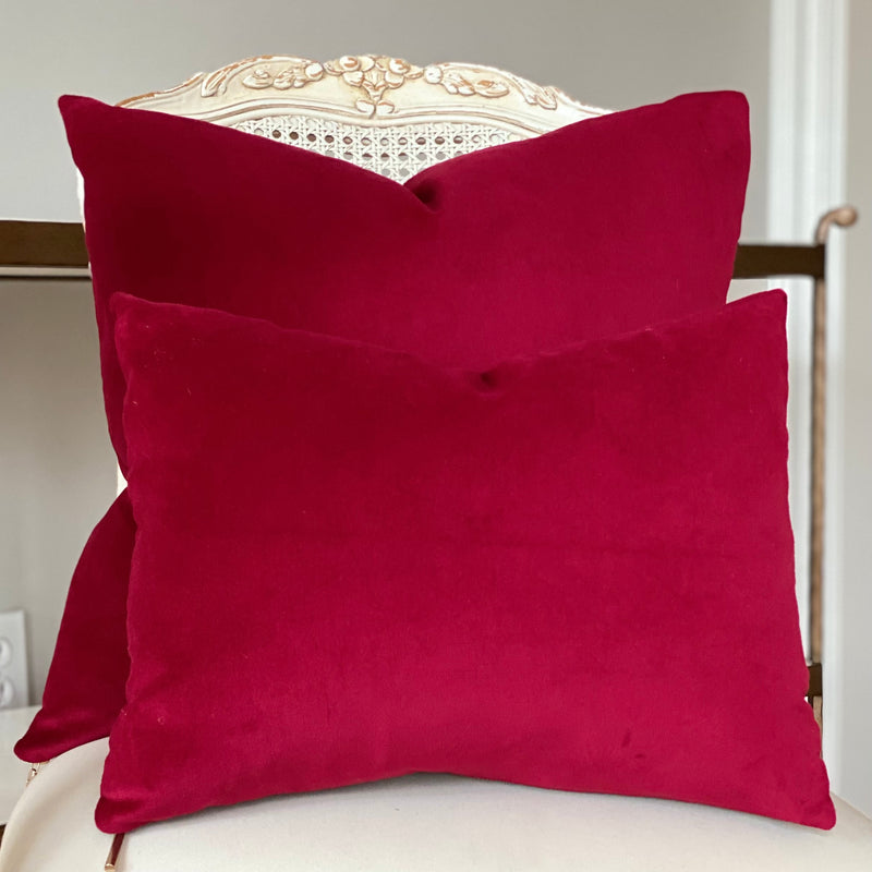 Berry Red Velvet Square Designer Pillow with Exposed Zippers by Dovecote Home