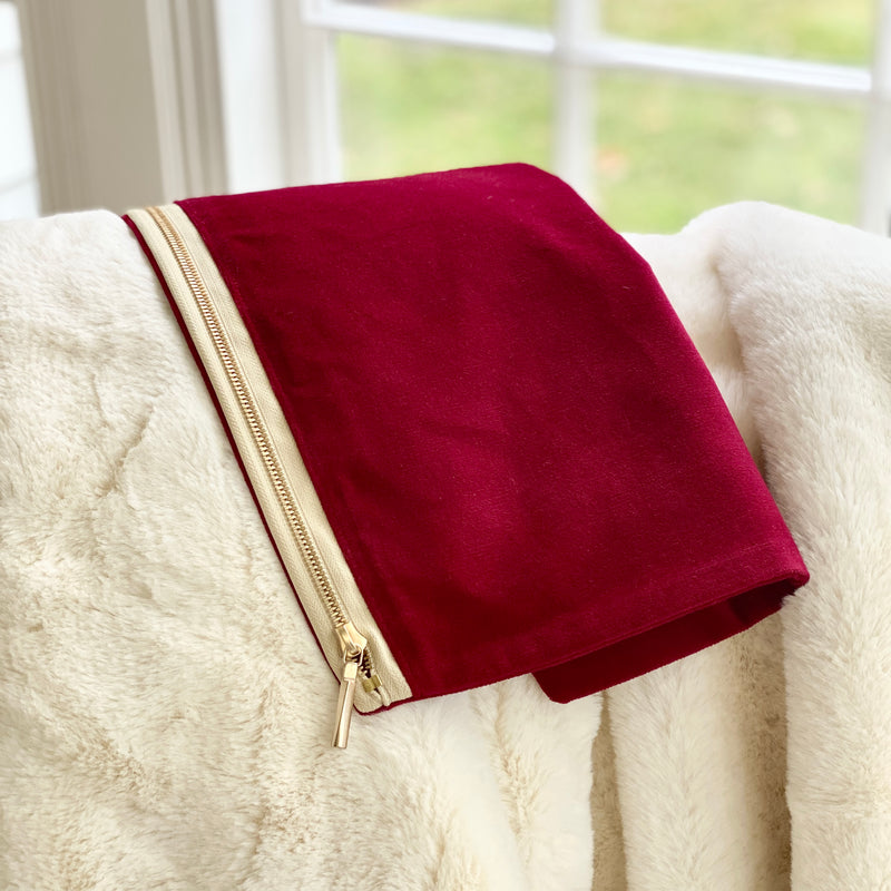 Berry Red Velvet Designer Chair Lumbar Pillow by Dovecote Home-- 2 Zipper Styles
