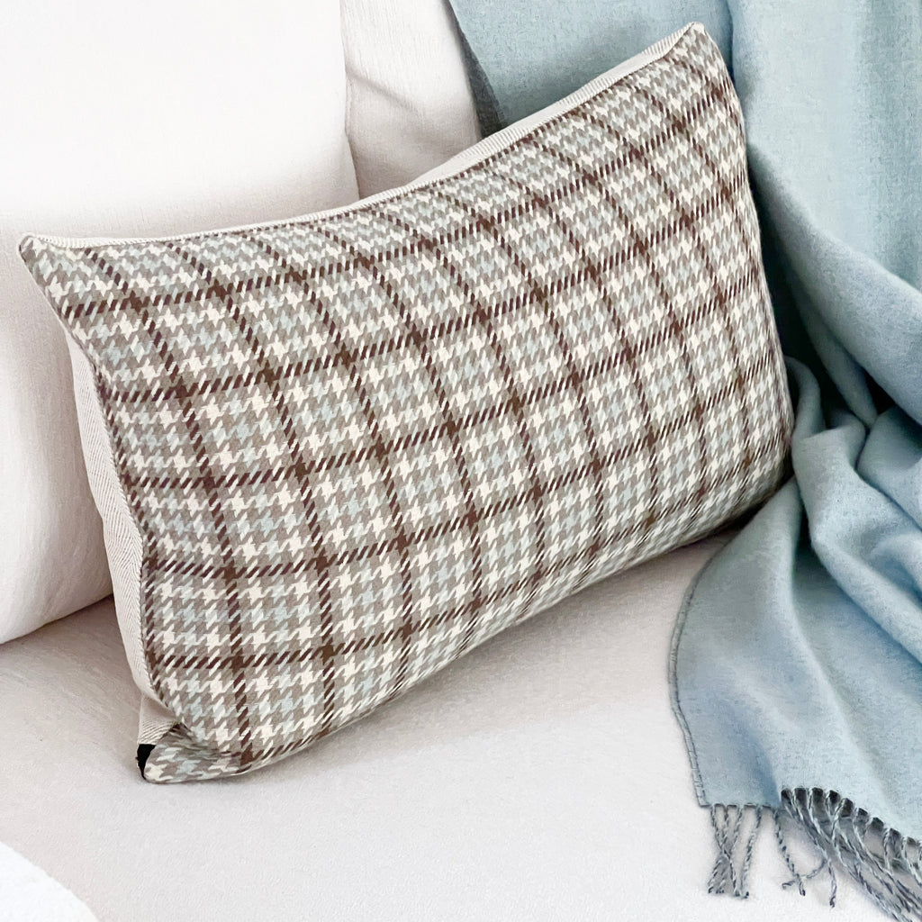 Cream, Blue and Brown Plaid Wool Lumbar Pillow 14x22 by Vantage Design