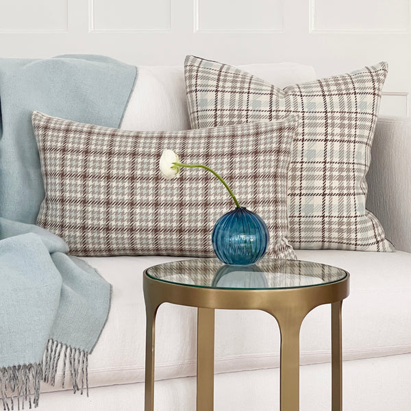 Bernhardt Chocolate, Gray and Sky Blue Plaid Large Lumbar Reversible Pillow by Dovecote Home
