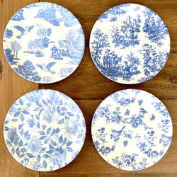 Blue and White Chinoiserie Designer Springtime Matte Melamine Luncheon Plates set of 4 assorted