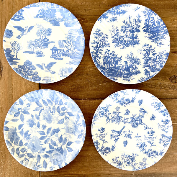 Blue and White Chinoiserie Melamine Plates set of 4 assorted
