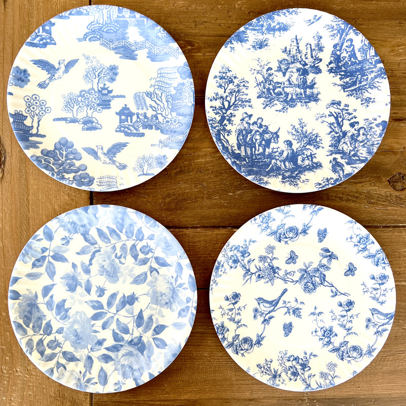 Blue and White Chinoiserie Designer All Season Matte Melamine Luncheon Plates set of 4 assorted