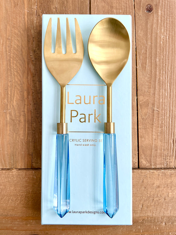 brushed gold large fork and spoon servers with blue acrylic handles by Laura Park