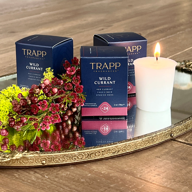 wild currant votive candles by Trapp Private Gardens, fresh currant scented candles in boxes by Trapp