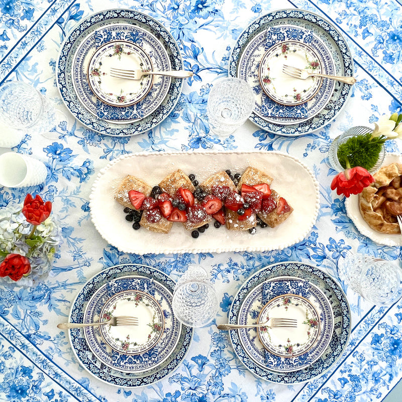 Beatriz Ball white melamine tray, Alegria Collection oval platter, white melamine oval tray by Beatriz Ball, red white and blue table setting