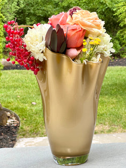 Large Wavy Bloom Vase in Metallic Matte Gold Glass Handblown in Italy