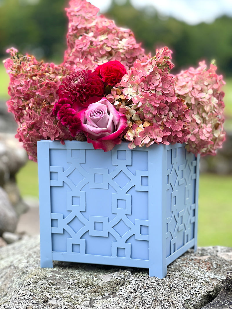 Provencal Metal Fretwork Planter in Periwinkle Sky Blue by Enchanted Home