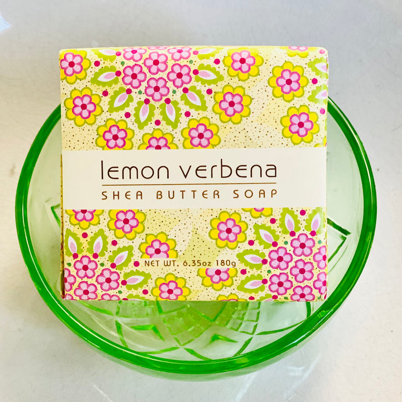 Greenwich Bay shea butter soap in Lemon Verbena wrapped in pretty yellow floral paper, botanical soap, gift soap