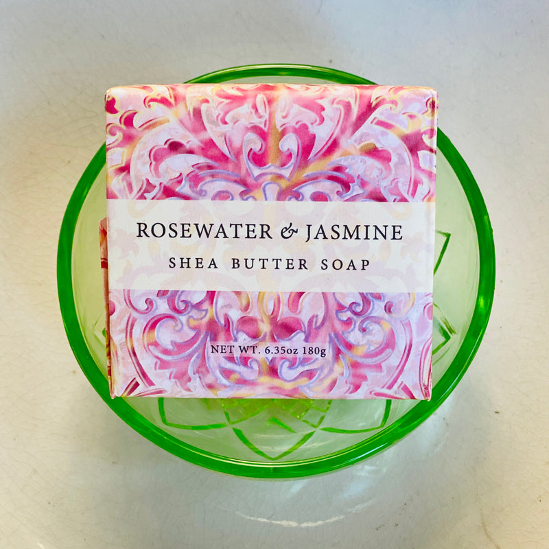 Greenwich Bay shea butter soap in Rosewater & Jasmine, wrapped in pretty pink paper, botanical soap, gift soap