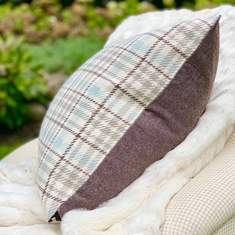 Sky Blue and Coco Brown Plaid Square Reversible Designer Pillow by Dovecote Home