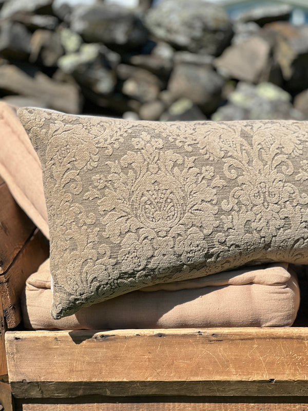 Damascus Greige and Taupe Flocked Chenille Reversible Long Lumbar Designer Pillow by Dovecote Home
