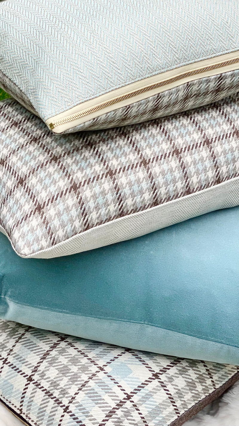 Bernhardt Chocolate, Gray and Sky Blue Plaid Large Lumbar Reversible Pillow by Dovecote Home
