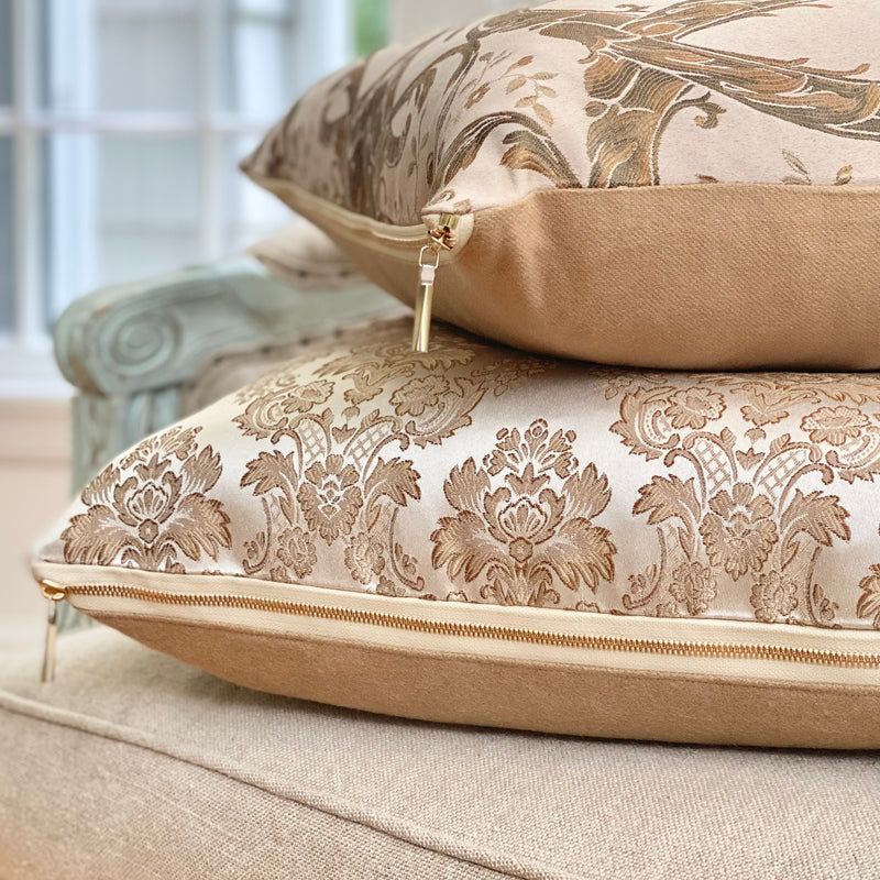 Bridgerton Creamy Ivory & Toffee Damask Designer Pillow by Dovecote Home