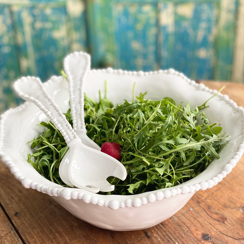 easy and elegant white melamine salad servers in salad bowl by Beatriz Ball.
