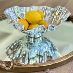 gorgeous polished aluminum Vento Bloom bowl by Beatriz Ball, Vento Bloom serving bowl by Beatriz  Ball, beautiful wedding gift, Beatriz Ball wedding gift, handmade metal serving bowl by Beatriz Ball