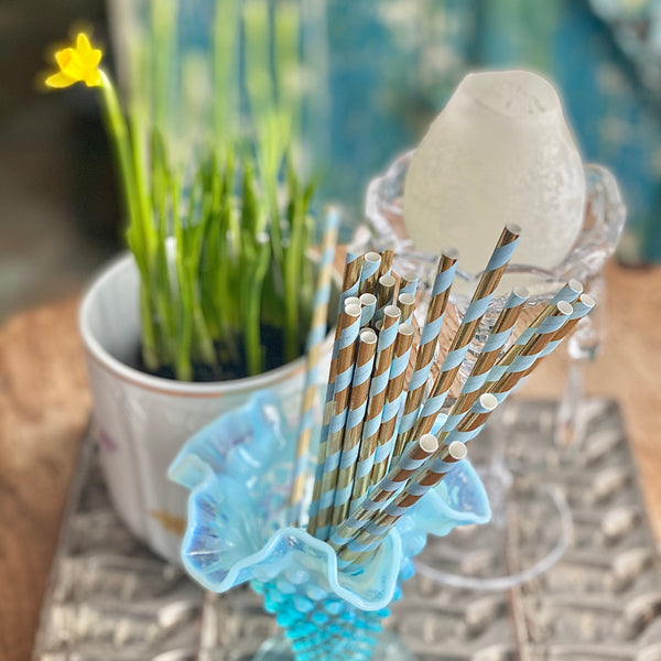 Sky Blue and Gold Striped Paper Straws