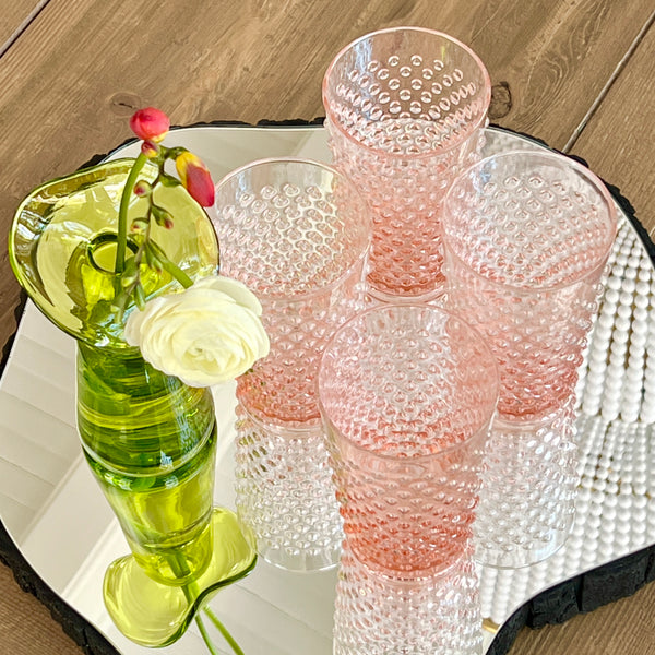 Sofia Handblown Pink Hobnail Highball Glasses Set of 6