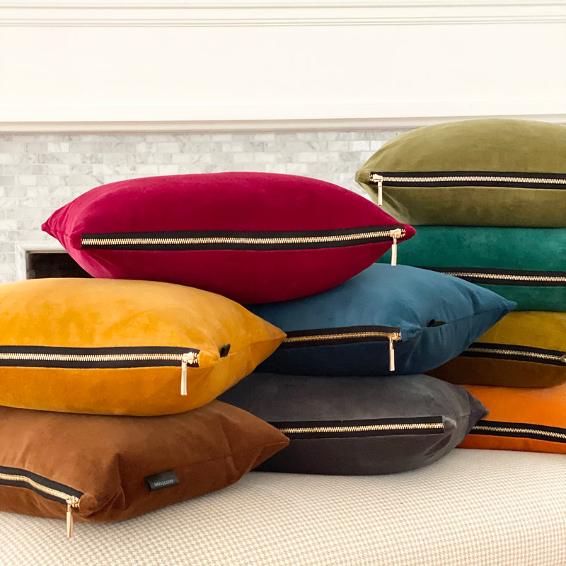 Berry Red Velvet Designer Chair Lumbar Pillow by Dovecote Home-- 2 Zipper Styles