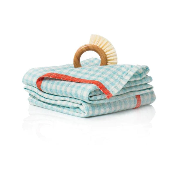 Gingham Linen Tea Towel in Aqua Blue & Paprika