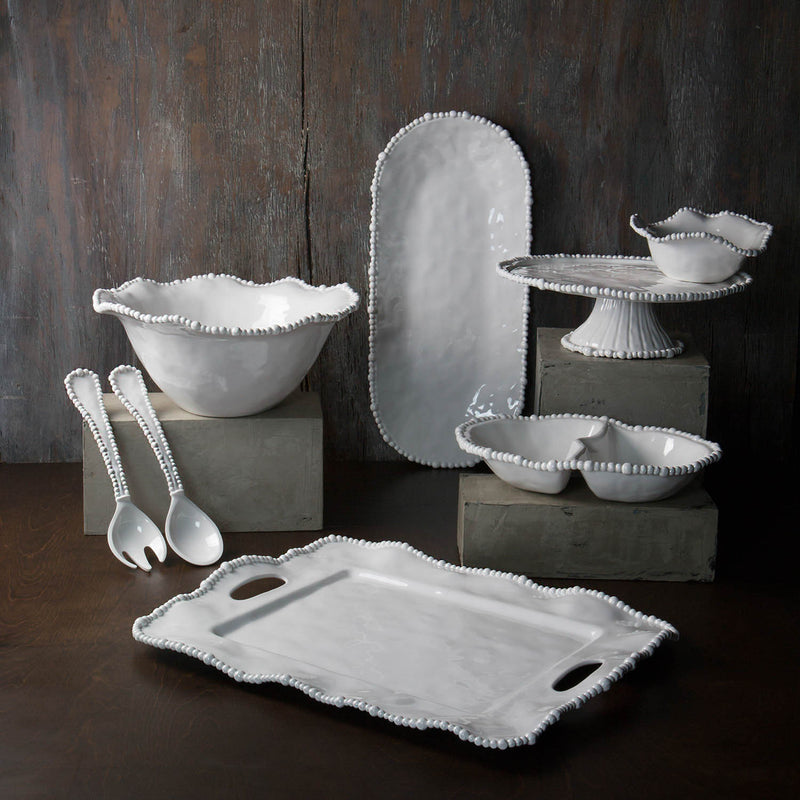 Pretty, heavy weight white melamine serving pieces featuring elegant pearl edge, from the Alegria Collection by Beatriz Ball.