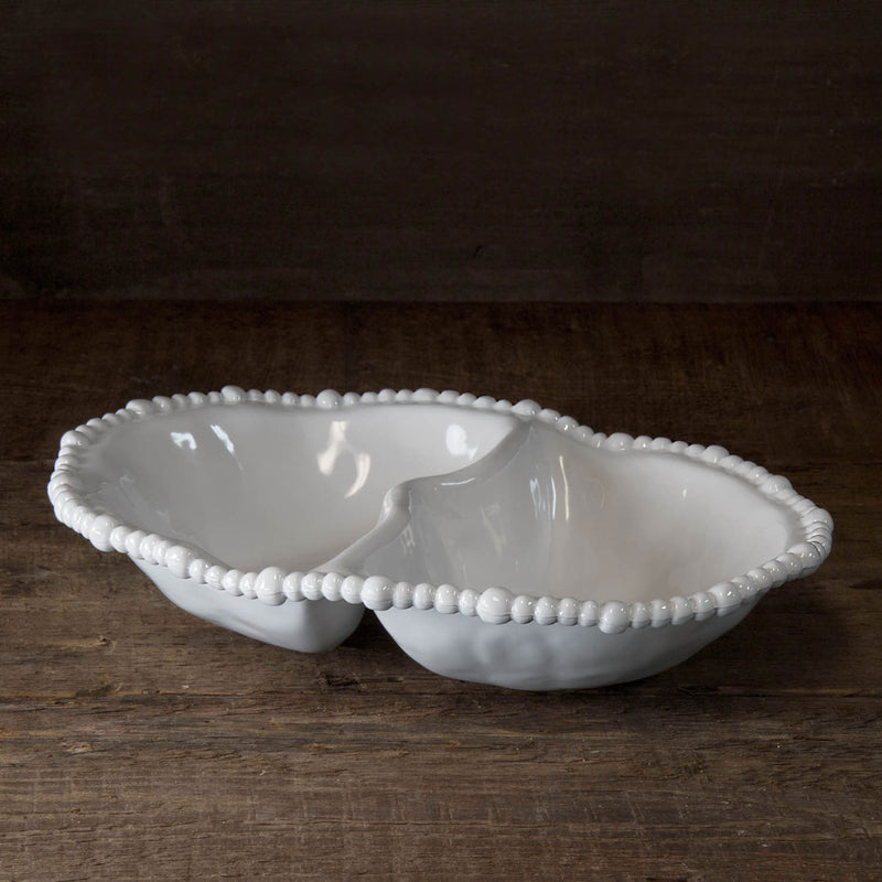 pretty white melamine double dip serving piece with pearl edge detail by Beatriz Ball.