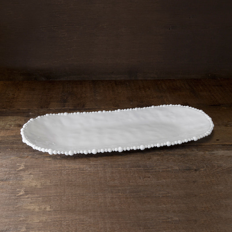 Large oval white melamine tray with elegant pearl edge, from the Alegria Collection by Beatriz Ball.