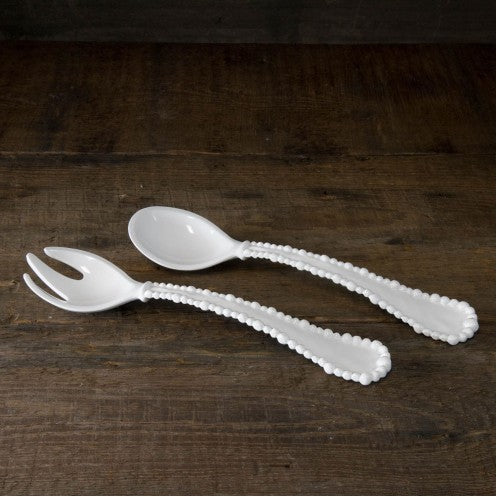 pretty white melamine salad servers with pearl ball edge, from the Alegria Collection by Beatriz Ball.