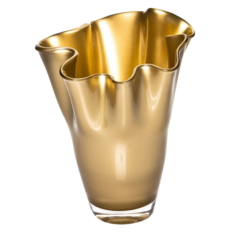 70% Off! Large Wavy Bloom Vase in Matte Gold Glass Handblown in Italy